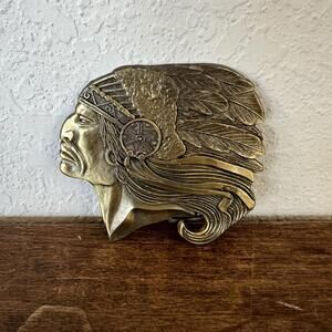VINTAGE 1970s CUT-OUT ***INDIAN CHIEF‎ HEAD*** FULL HEADDRESS BELT BUCKLE